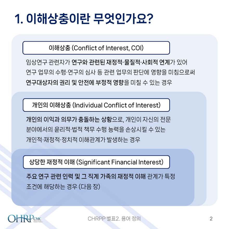 1.이해상충이란 무엇인가요?,
											이해상충(Conflict of Interest, COI), 임상연구 관련자가 연구와 관련된 재정적·물질적·사회적 연계가 있어 연구 업무의 수행·연구의 심사 등 관련 업무의 판단에 영향을 미침으로써 연구대상자의 권리 및 안전에 부정적 영향을 미칠 수 있는 경우,
											개인의 이해상충(Individual Conflict of Interest, 개인의 이익과 의무가 충돌하는 상황으로, 개인이 자신의 전문분야에서의 윤리적·법적 책무 수행 능력을 손상시킬 수 있는 개인적·재정적·정치적 이해관계가 발생하는 경우,
											상당한 재정적 이해(Significant Financial Interest), 주요 연구 관련 인력 및 그 직계 가족의 재정적 이해 관계가 특정 조건에 해당하는 경우(다음장)