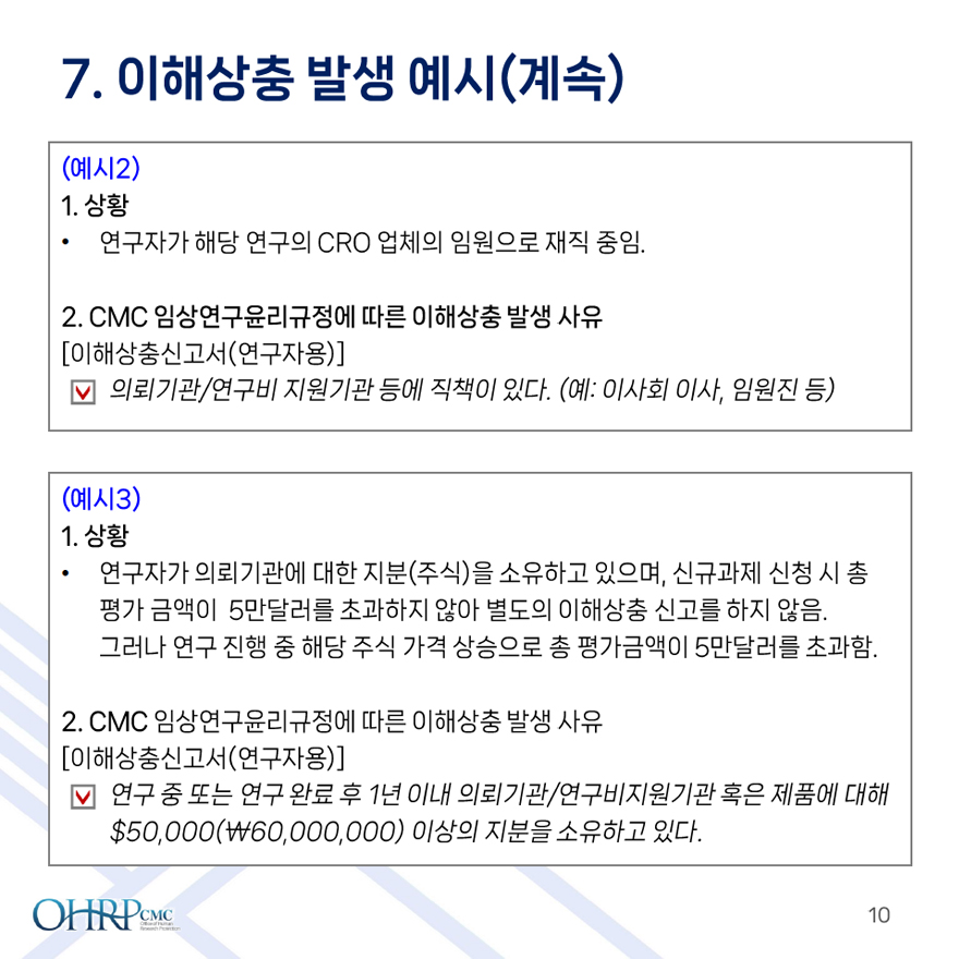 10.이해상충 발생 예시(계속),
											(예시2),
											1. 상황,
											- 연구자가 해당 연구의 CRO 업체의 임원으로 재직 중임.,
											2. CMC 임상연구윤리규정에 따른 이해상충 발생 사유,
											[이해상충신고서(연구자용)],
											- 의뢰기관/연구비 지원기관 등에 직책이 있다. (예: 이사회 이사, 임원진 등),
											(예시3),
											1. 상황,
											- 연구자가 의뢰기관에 대한 지분(주식)을 소유하고 있으며, 신규과제 신청 시총 평가 금액이 5만달러를 초과하지 않아 별도의 이해상충 신고를 하지 않음. 그러나 연구 진행 중 해당 주식 가격 상승으로 총 평가금액이 5만달러를 초과함.,
											2. CMC 임상연구윤리규정에 따른 이해상충 발생 사유,
											[이해상충신고서(연구자용)],
											- 연구 중 또는 연구 완료 후 1년 이내 의뢰기관/연구비지원기관 혹은 제품에 대해 $50,000(₩60,000,000) 이상의 지분을 소유하고 있다.